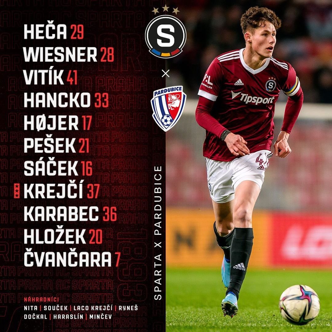 1️⃣1️⃣ SESTAVA | Do domácího duelu s Pardubicemi nastoupíme v tomto složení:

? Heča - Wiesner, Vitík, Hancko, Højer - Pešek, Sáček, LK37, Karabec, Hložek - Čvančara.

? Zdraví do hry nepustí Juliše, Pulkraba, Čelůstku, Panáka a Pavelku. #acsparta